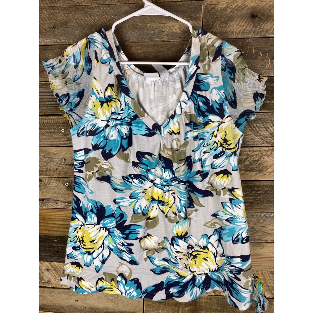 Caribbean Joe Women Sz XL Big Flowers Short Sleeve Top W/Drawstring Waist